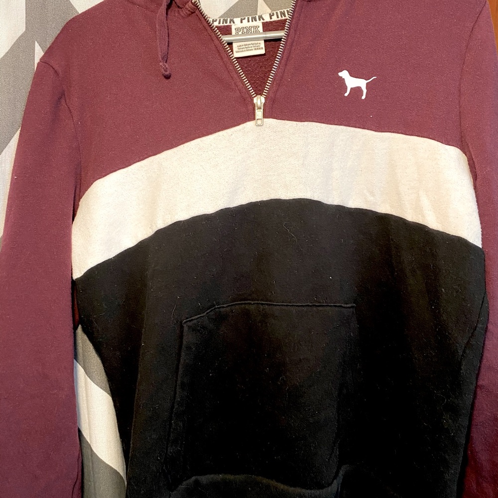 PINK (maroon, black & white) quarter zip w/ hood. - Picture 5 of 6